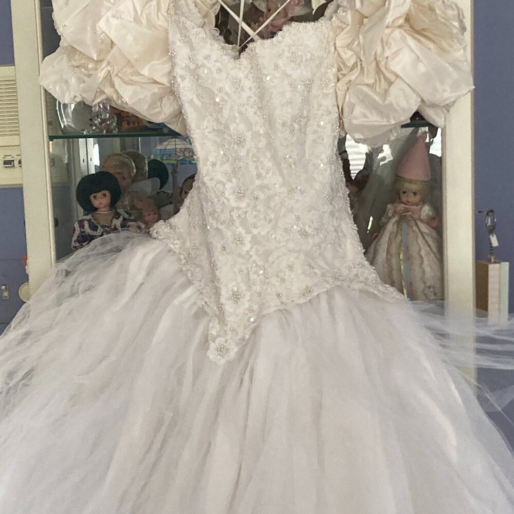 Jim Helm hand beaded white wedding dress  Size 8 equivalent to size 6